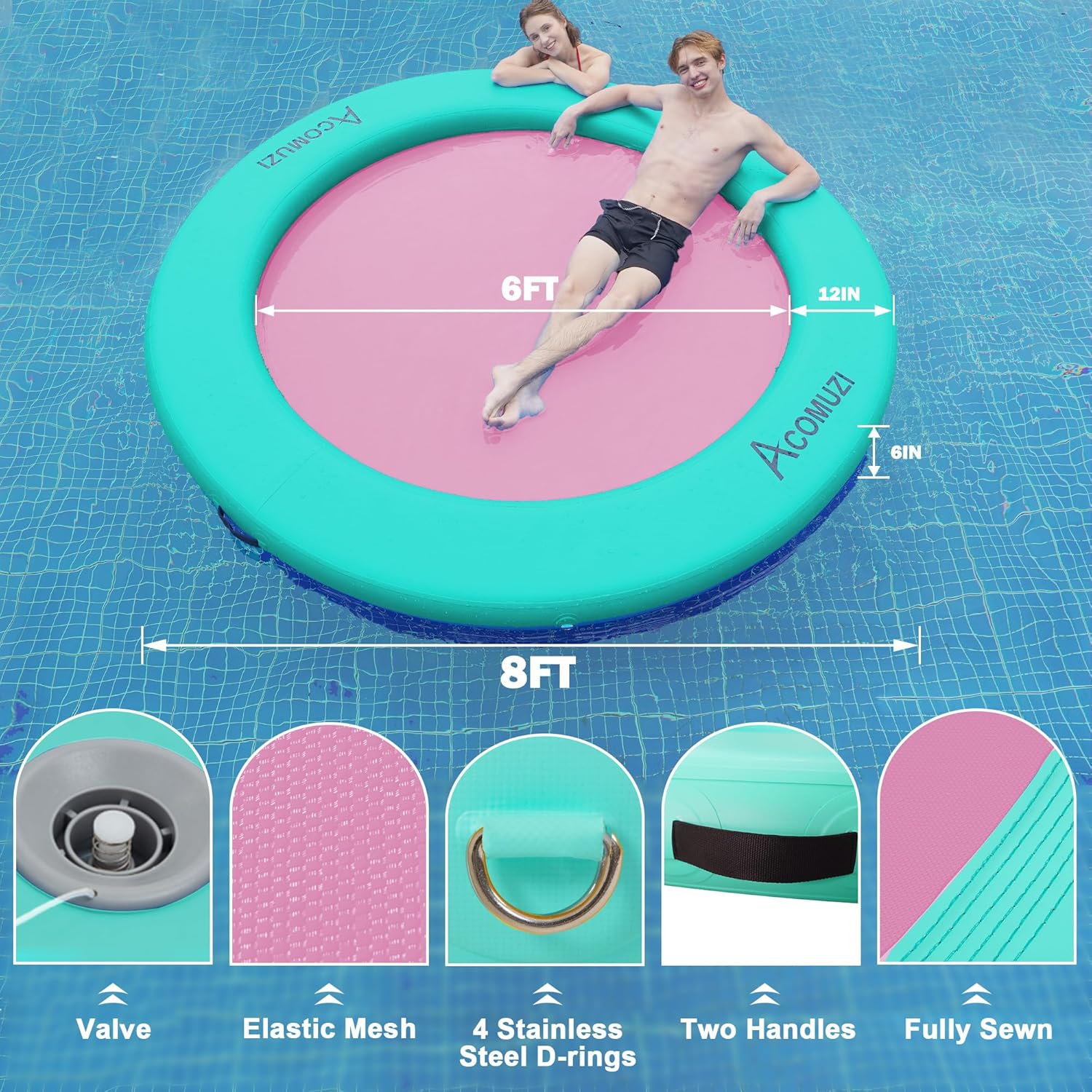 Water Hammock Inflatable Floating Dock, Round Floating Ring Lake Floats for Adults, Mint Green+Pink, 8FT