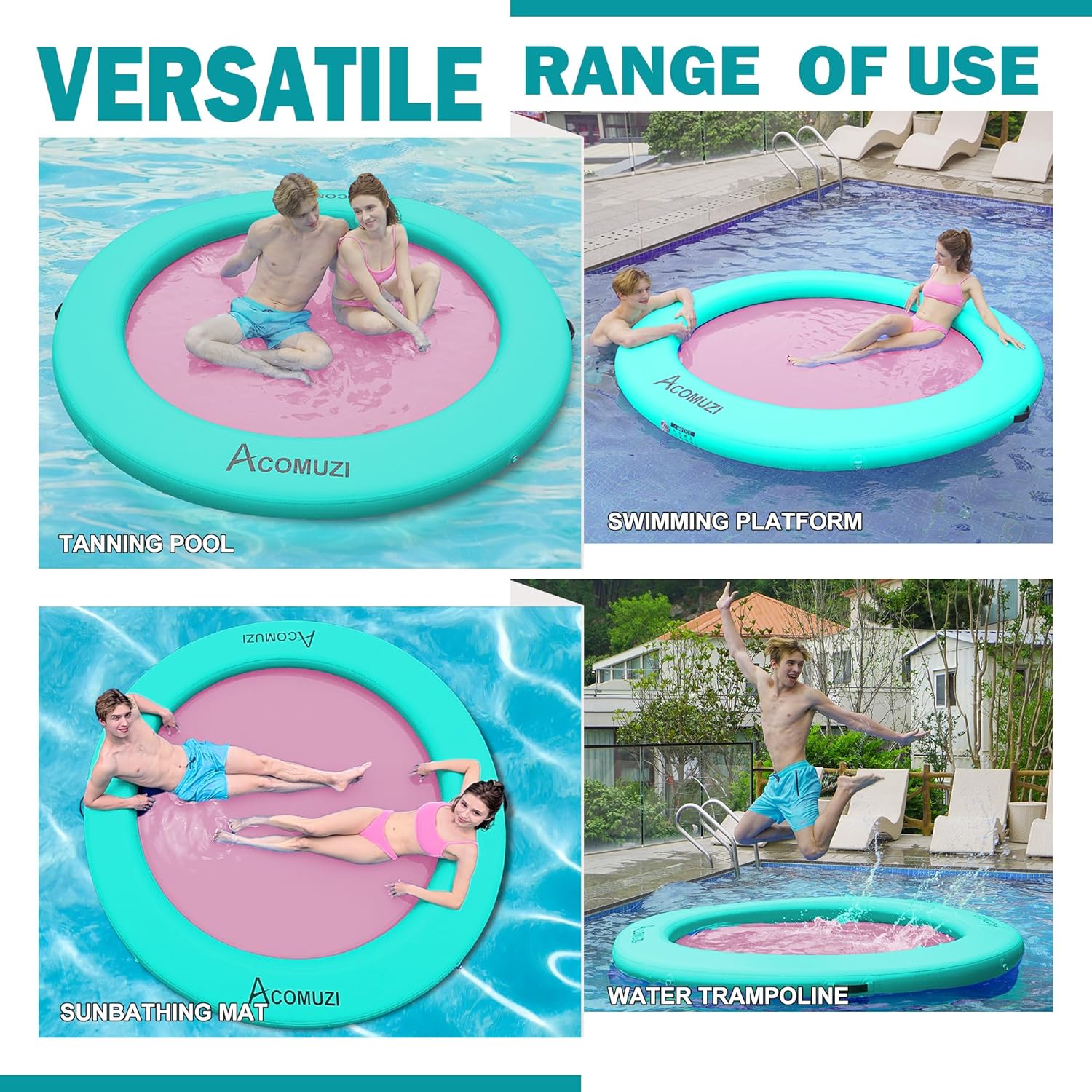Water Hammock Inflatable Floating Dock, Round Floating Ring Lake Floats for Adults, Mint Green+Pink, 8FT