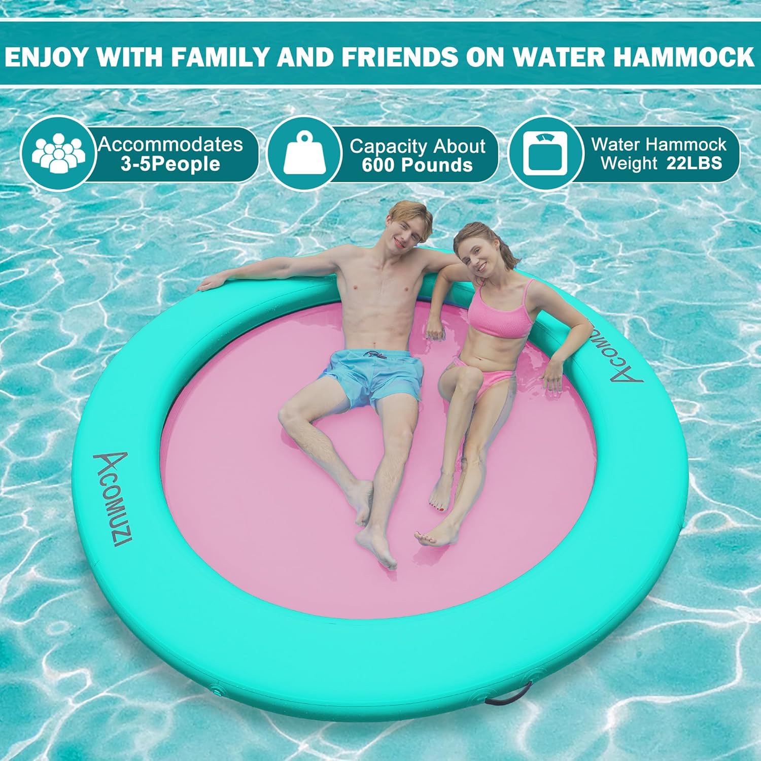 Water Hammock Inflatable Floating Dock, Round Floating Ring Lake Floats for Adults, Mint Green+Pink, 8FT