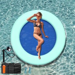 Inflatable Water Hammock 6FT Round Float Ring, Adults Heavy Duty River Inflatable Stable Platform Raft Water Floating Docks Mat, Mint Green+Blue