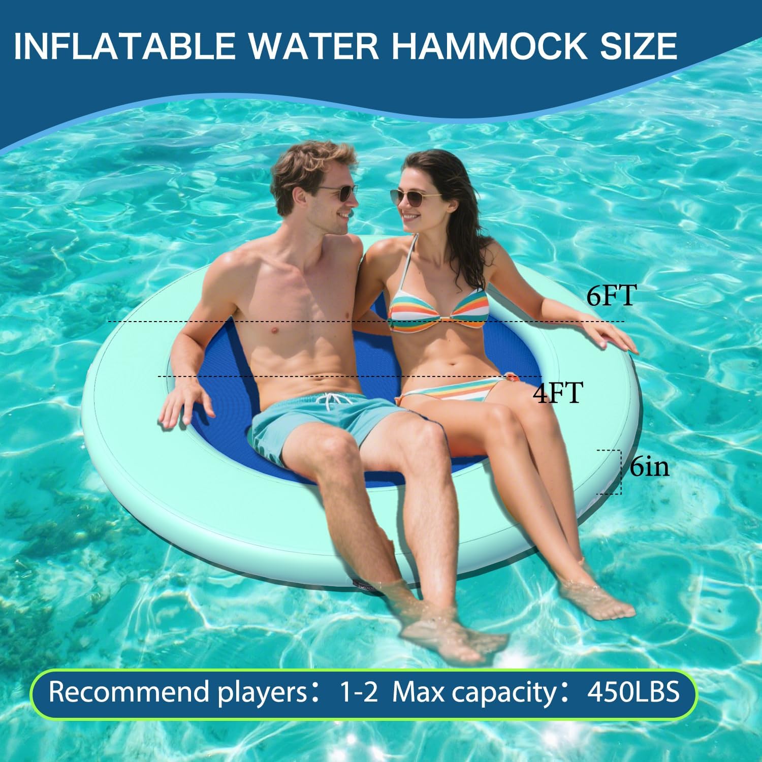 Inflatable Water Hammock 6FT Round Float Ring, Adults Heavy Duty River Inflatable Stable Platform Raft Water Floating Docks Mat, Mint Green+Blue