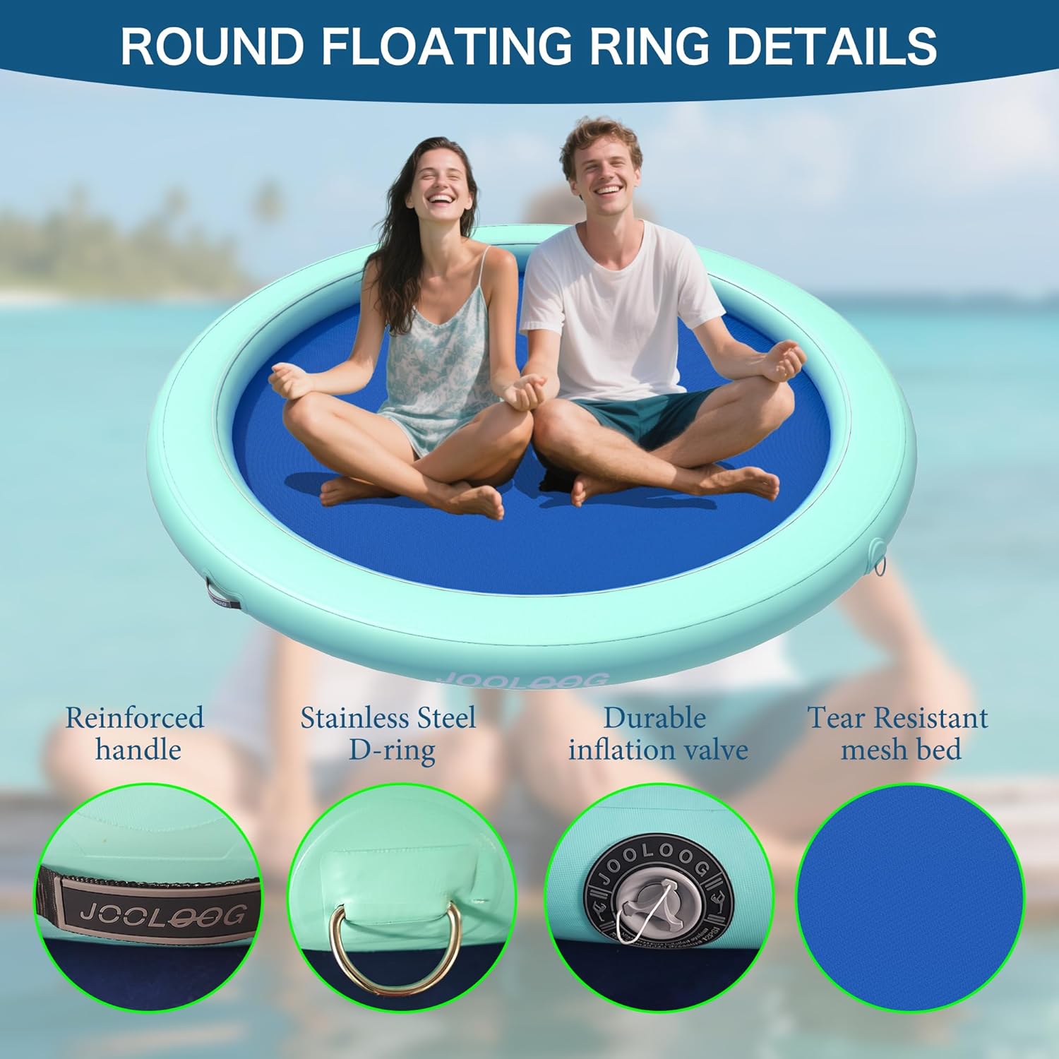 Inflatable Water Hammock 6FT Round Float Ring, Adults Heavy Duty River Inflatable Stable Platform Raft Water Floating Docks Mat, Mint Green+Blue