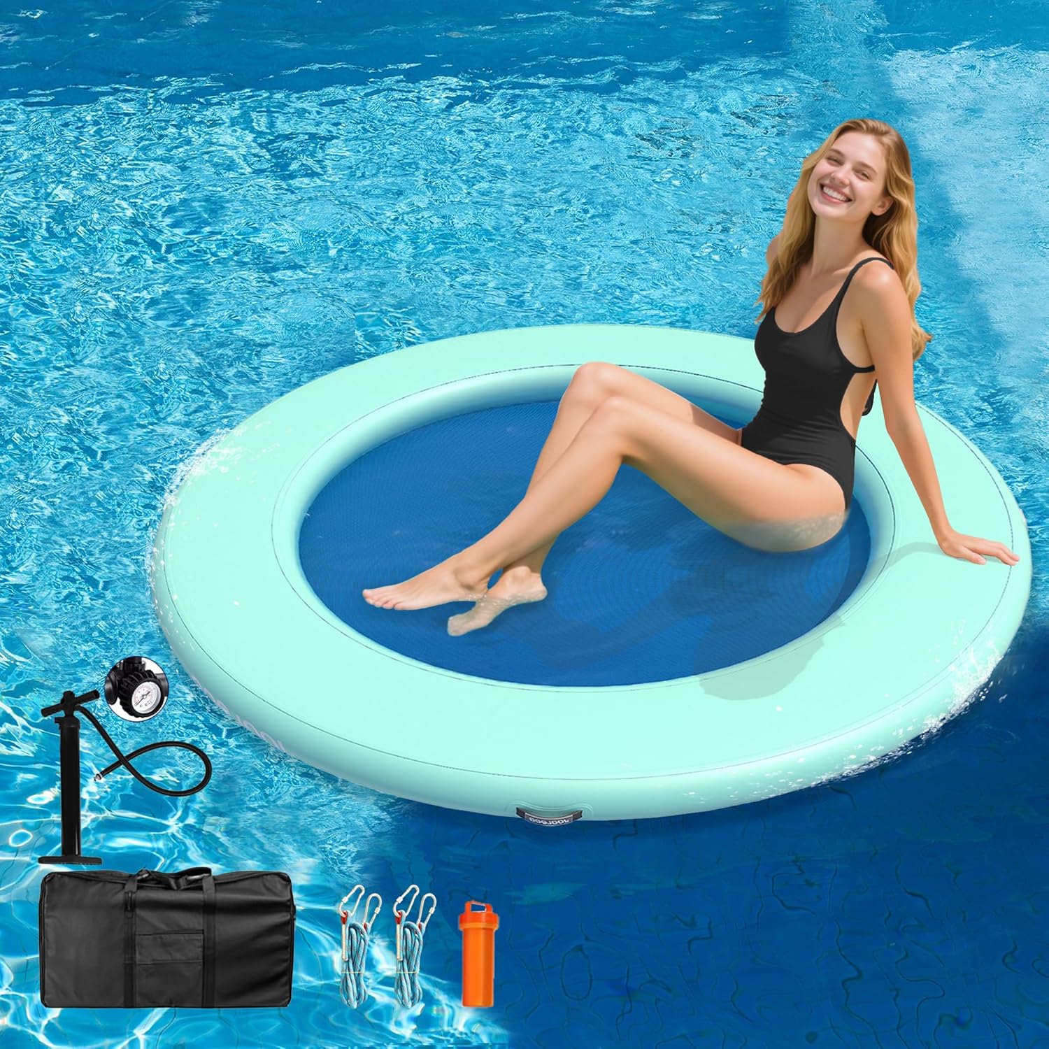 Inflatable Water Hammock 6FT Round Float Ring, Adults Heavy Duty River Inflatable Stable Platform Raft Water Floating Docks Mat, Mint Green+Blue