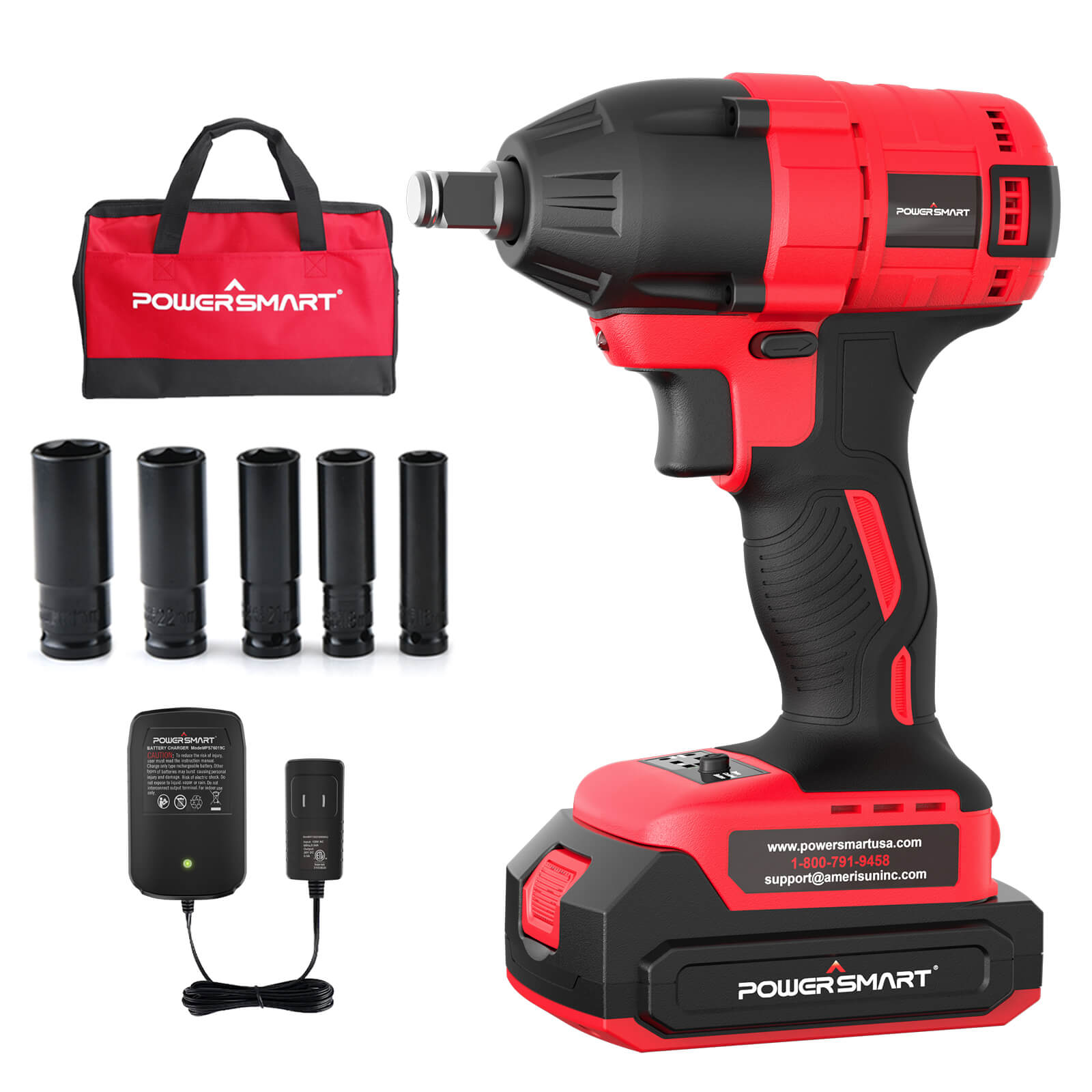 Powersmart 20V Brushless Cordless Impact Wrench w/ Battery, Charger and Power Bits/Nut Drivers/Sockets Set PS76142B