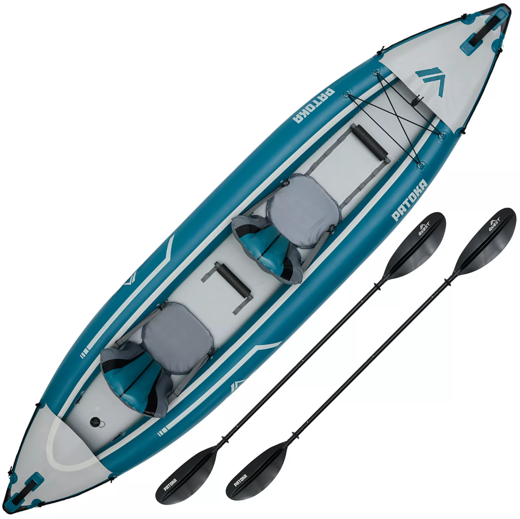 Quest Patoka Inflatable Tandem Kayak Package, Teal/Gray