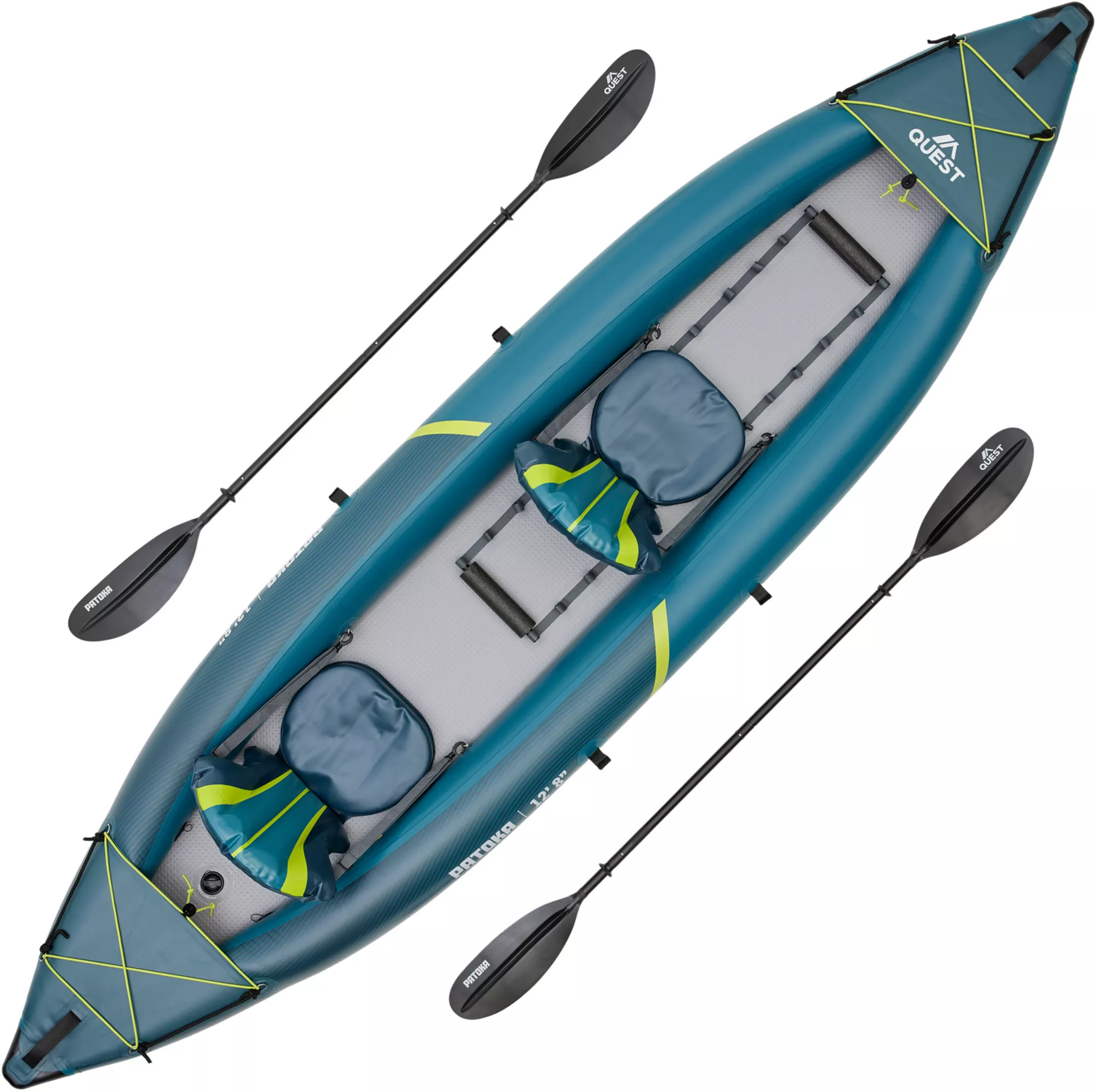 Quest Patoka Inflatable Tandem Kayak Package, Teal/Yellow