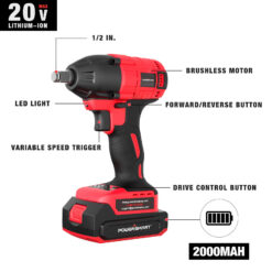 Powersmart 20V Brushless Cordless Impact Wrench w/ Battery, Charger and Power Bits/Nut Drivers/Sockets Set PS76142B