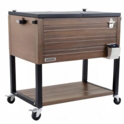 Permasteel 80-Quart Rolling Patio Cooler with Wood Grain Finish – Outdoor Beverage Cooler with Wheels, Brown
