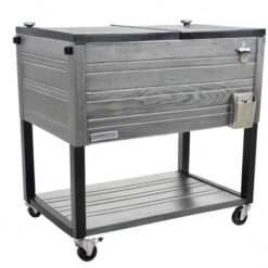 Permasteel 80-Quart Rolling Patio Cooler with Wood Grain Finish – Outdoor Beverage Cooler with Wheels, Gray
