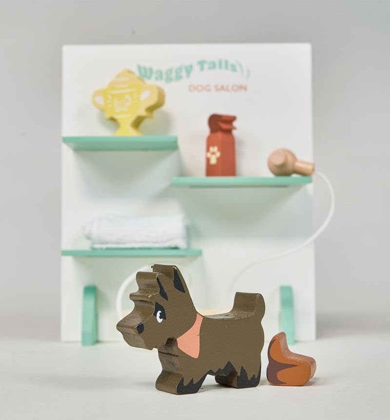 Tender Leaf Toys - Waggy Tails Dog Salon - Wooden Interactive Pet Care Grooming Play Set for Kids - Fun Role-Play Set - Age 3+