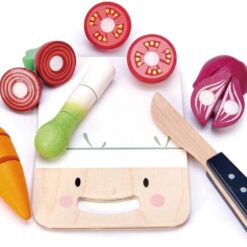 Tender Leaf Toys - Mini Chef Chopping Board - 16 Pcs Wooden Cutting Vegetable Toys with Knife - Age 3+