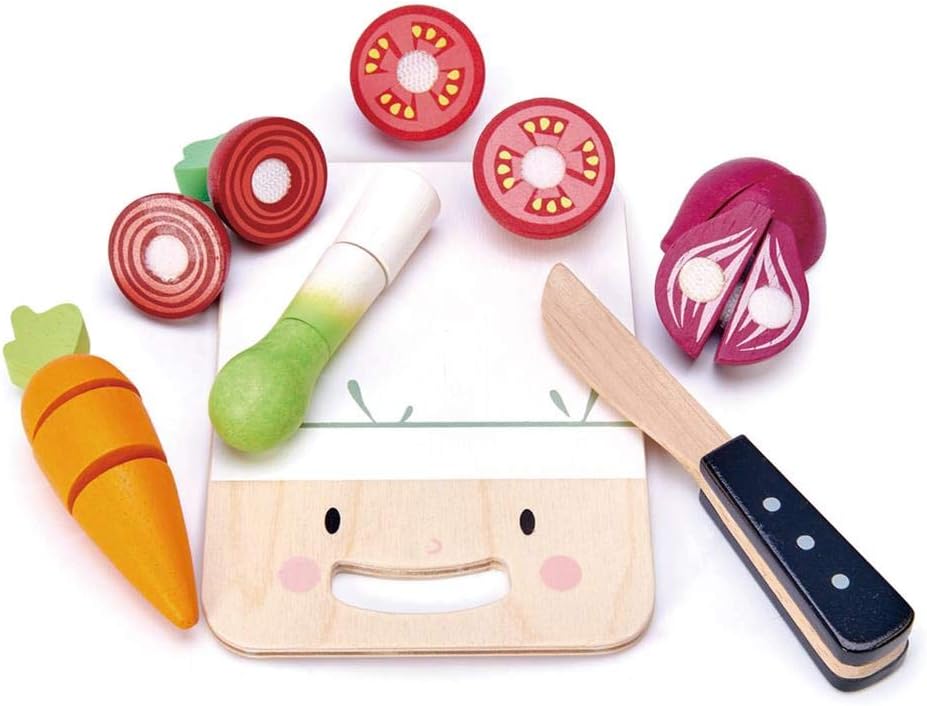 Tender Leaf Toys - Mini Chef Chopping Board - 16 Pcs Wooden Cutting Vegetable Toys with Knife - Age 3+