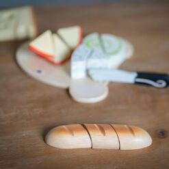 Tender Leaf Toys Cheese Chopping Board, Wooden Play Food Set with 4 Choppable Cheeses, Baguette, Wood Knife and Illustrated Board - Age 2+