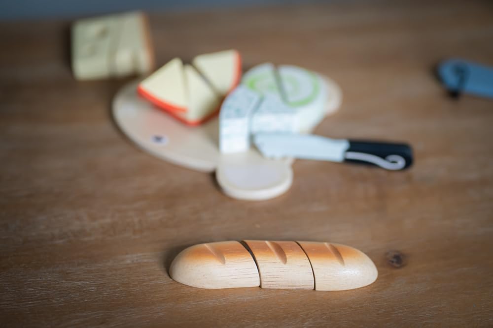 Tender Leaf Toys Cheese Chopping Board, Wooden Play Food Set with 4 Choppable Cheeses, Baguette, Wood Knife and Illustrated Board - Age 2+