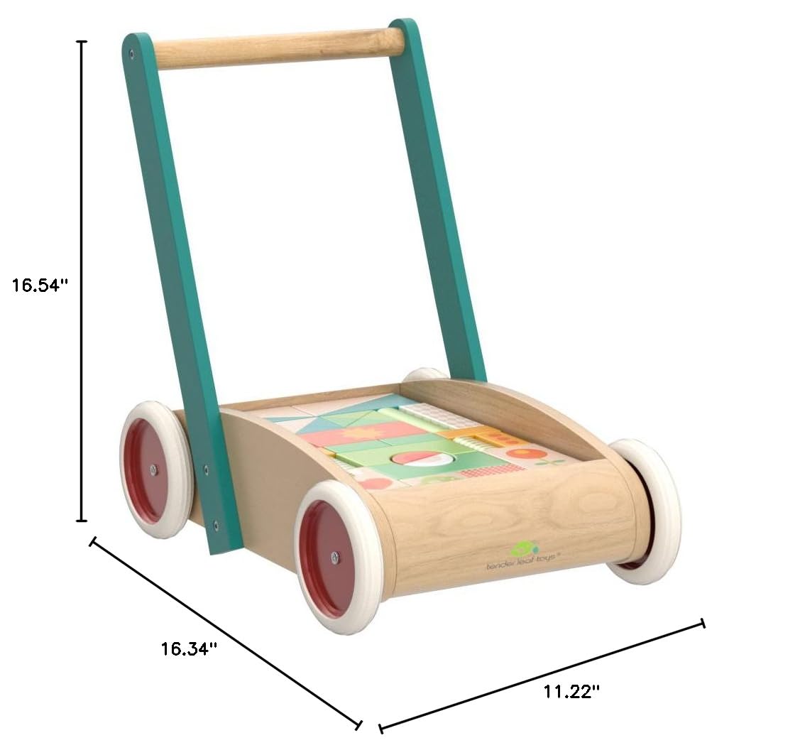 Tender Leaf Toys Baby Block Wooden Walker - Includes 29 Garden Themed Wooden Toy Blocks - 18 Month +