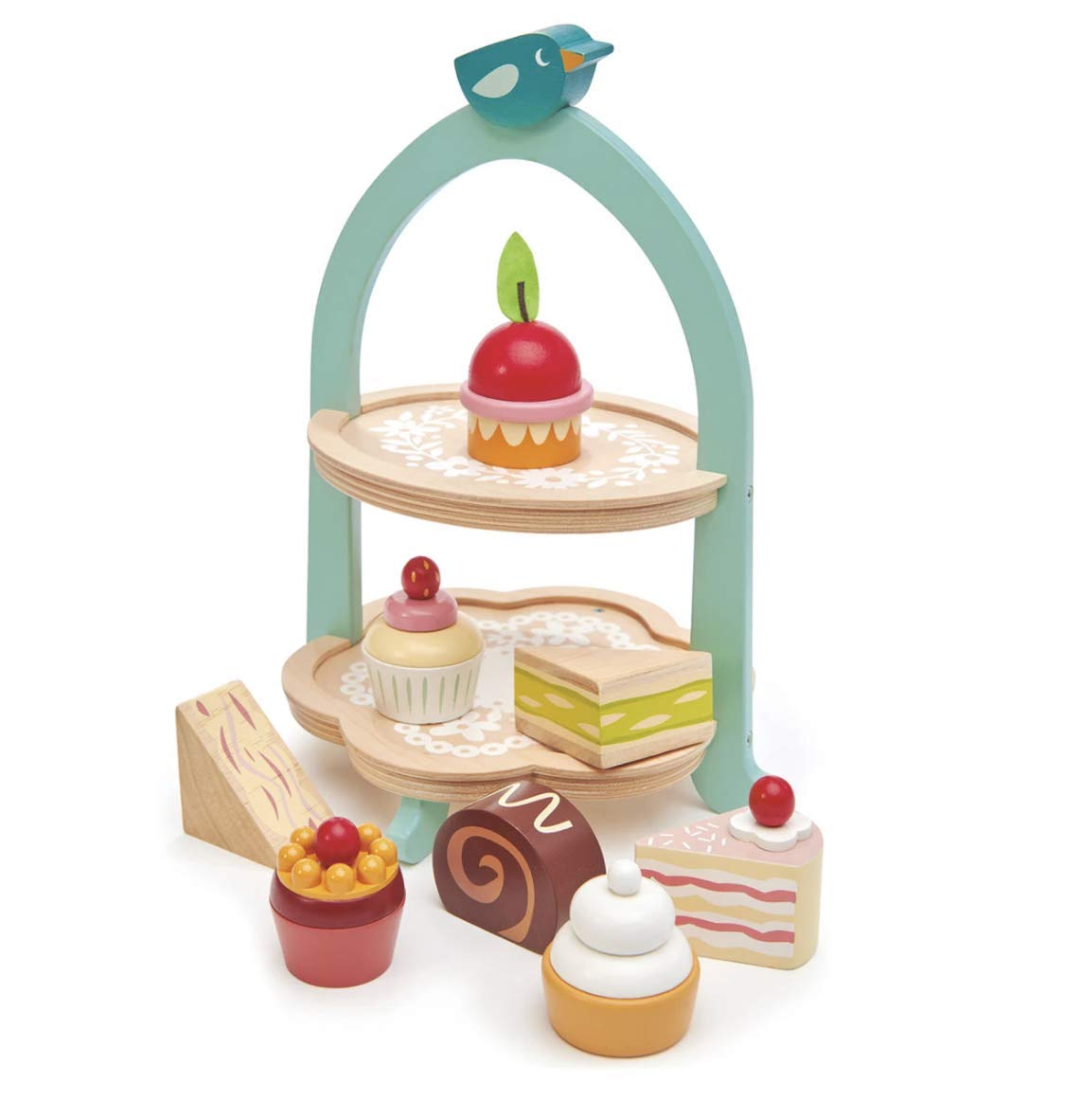 Tender Leaf Toys - Mini Chef Birdie Afternoon Tea Stand – Realistic English Sandwich, Cake and Pastry Tower for Pretend Play High - Age 3+