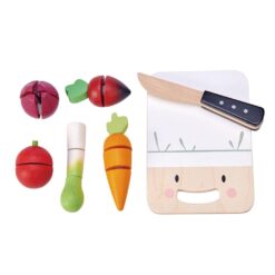 Tender Leaf Toys - Mini Chef Chopping Board - 16 Pcs Wooden Cutting Vegetable Toys with Knife - Age 3+
