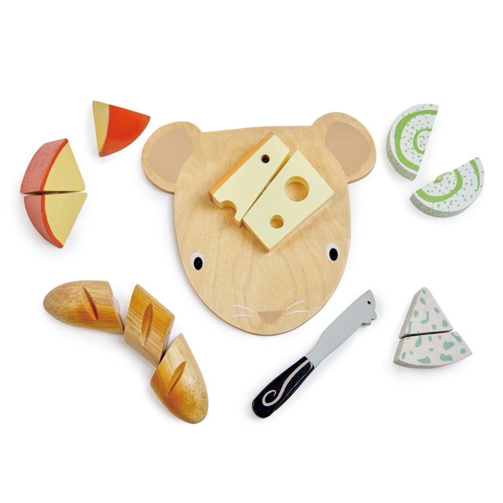 Tender Leaf Toys Cheese Chopping Board, Wooden Play Food Set with 4 Choppable Cheeses, Baguette, Wood Knife and Illustrated Board - Age 2+
