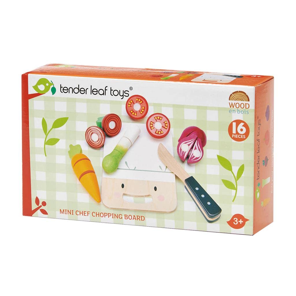 Tender Leaf Toys - Mini Chef Chopping Board - 16 Pcs Wooden Cutting Vegetable Toys with Knife - Age 3+