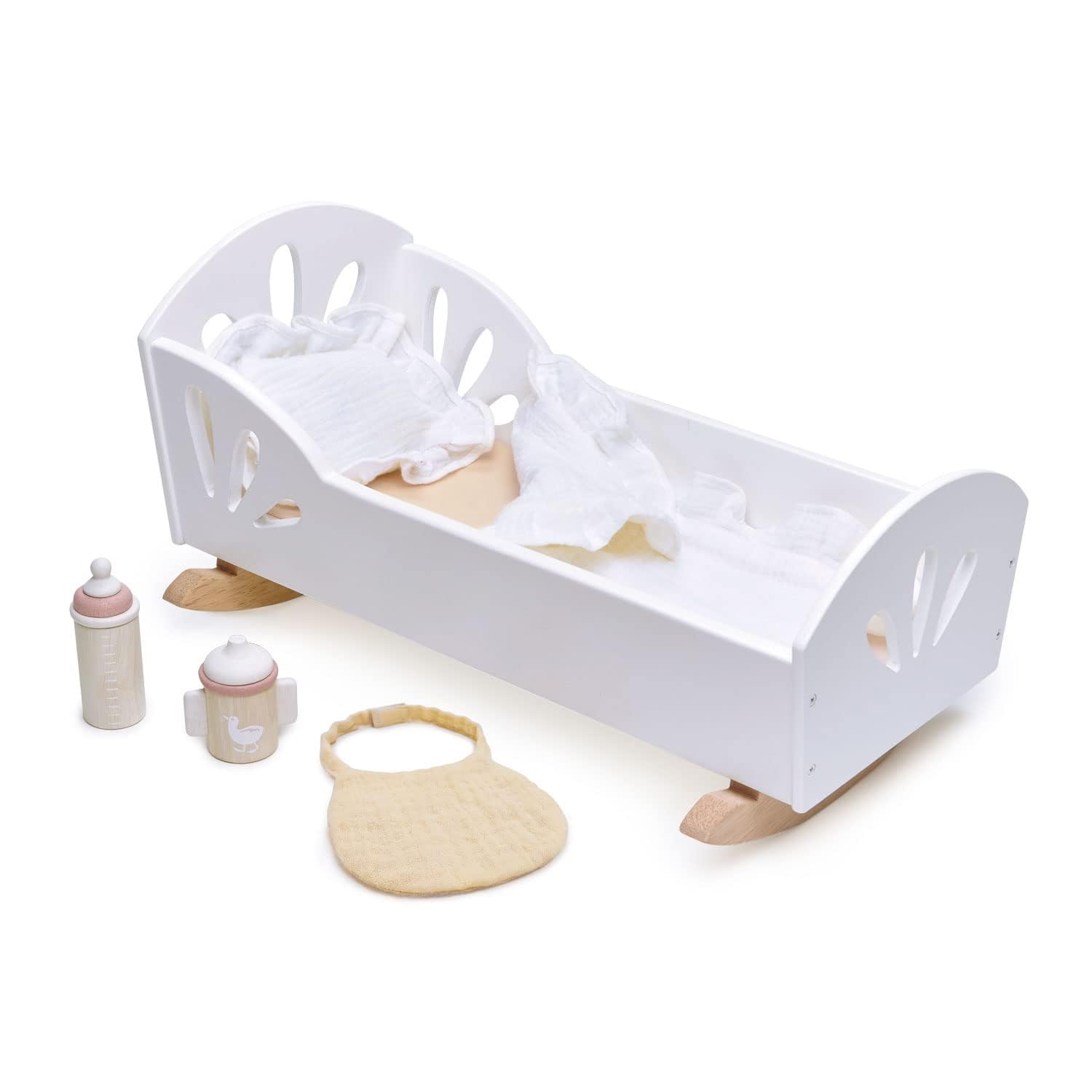 Tender Leaf Toys - Sweet Dreams Dolly Bed - Wooden Baby Doll Rocking Cradle with Bedding and Accessories - Age 18m+