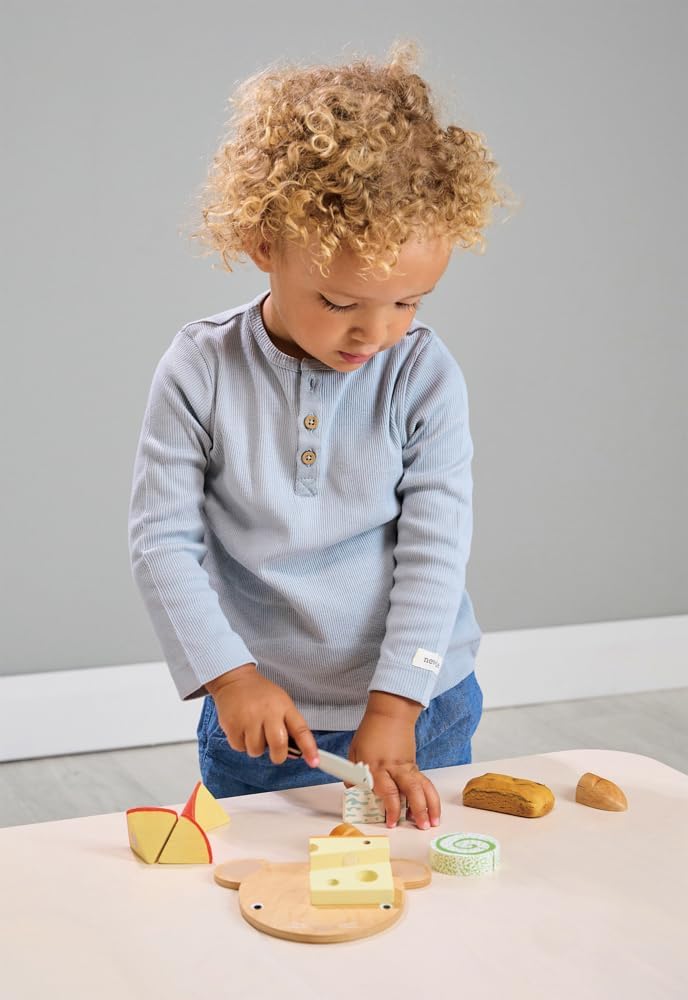 Tender Leaf Toys Cheese Chopping Board, Wooden Play Food Set with 4 Choppable Cheeses, Baguette, Wood Knife and Illustrated Board - Age 2+