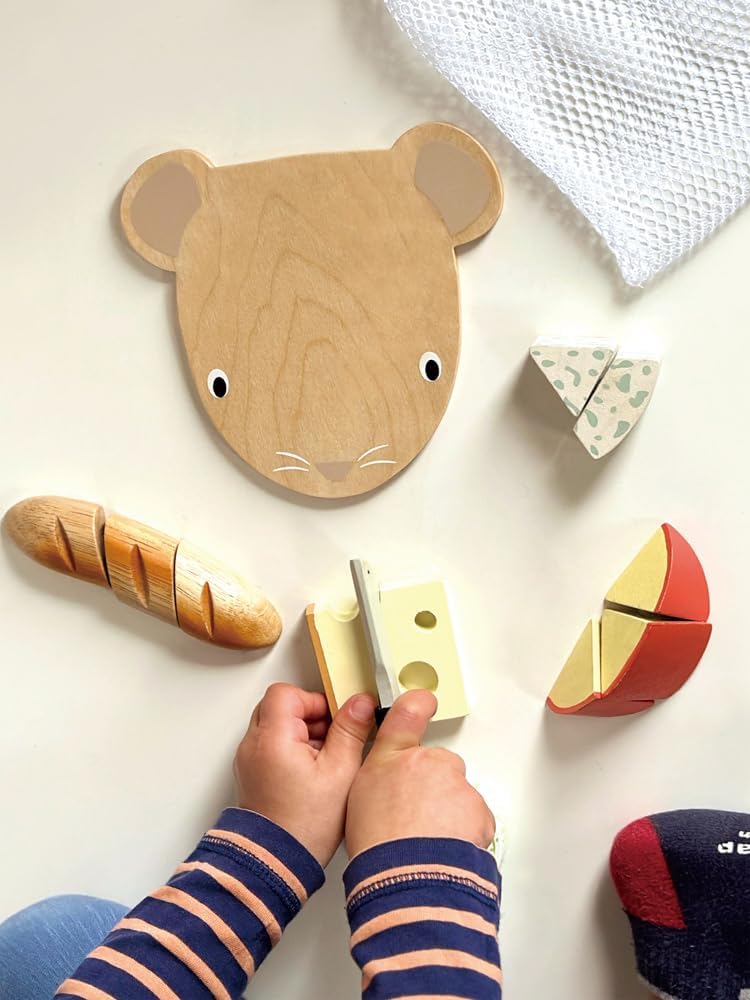 Tender Leaf Toys Cheese Chopping Board, Wooden Play Food Set with 4 Choppable Cheeses, Baguette, Wood Knife and Illustrated Board - Age 2+