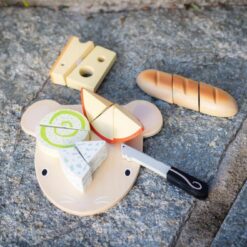 Tender Leaf Toys Cheese Chopping Board, Wooden Play Food Set with 4 Choppable Cheeses, Baguette, Wood Knife and Illustrated Board - Age 2+