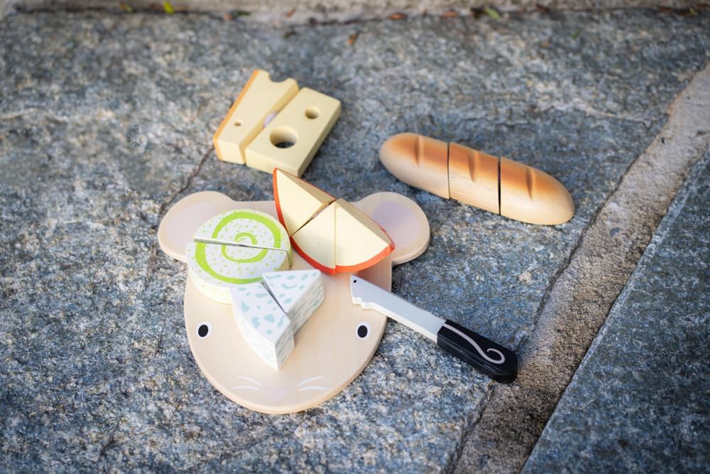 Tender Leaf Toys Cheese Chopping Board, Wooden Play Food Set with 4 Choppable Cheeses, Baguette, Wood Knife and Illustrated Board - Age 2+