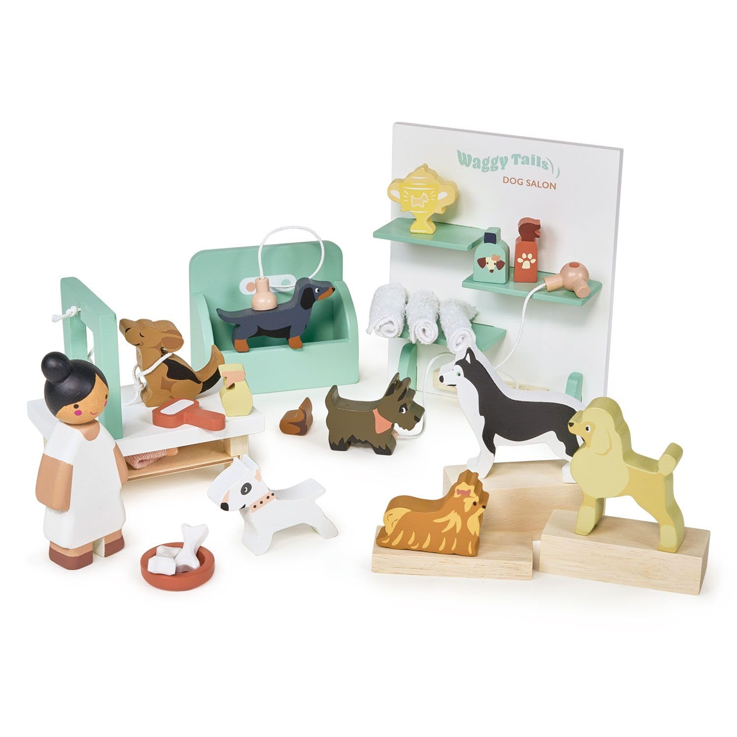 Tender Leaf Toys - Waggy Tails Dog Salon - Wooden Interactive Pet Care Grooming Play Set for Kids - Fun Role-Play Set - Age 3+