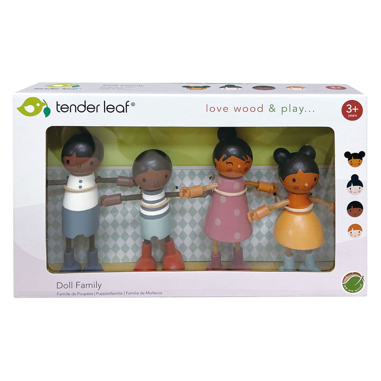 Tender Leaf Toys - Humming Bird Doll Family - Multicultural Wooden Dolls House Family Set with Flexible Arms and Legs - Age 3+