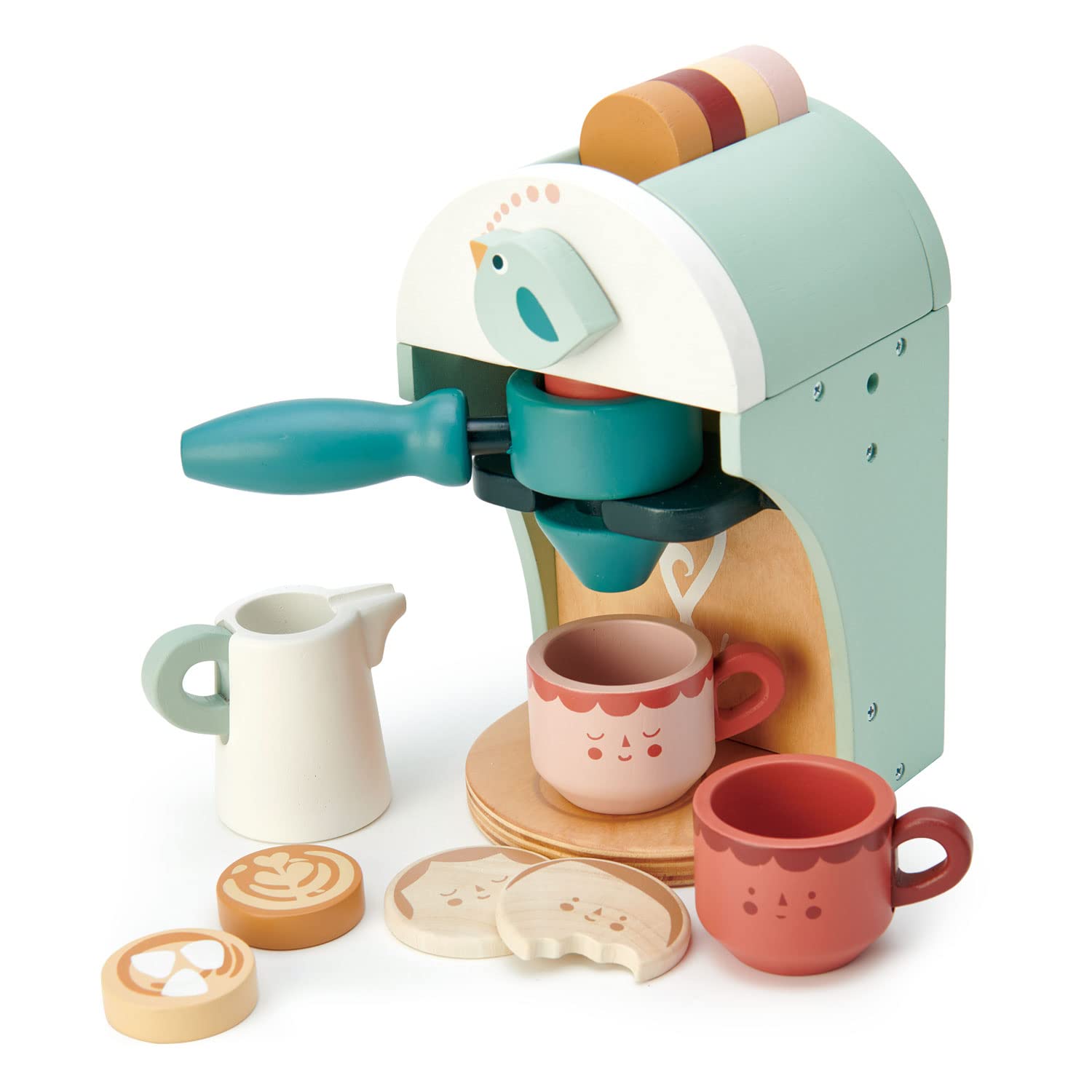 Tender Leaf Toys - Babyccino Maker - Wooden Coffee Machine Pretend Food Play Toy with Espresso Capsules and Cups - Made with Premium Materials and Craftsmanship - Age 3+