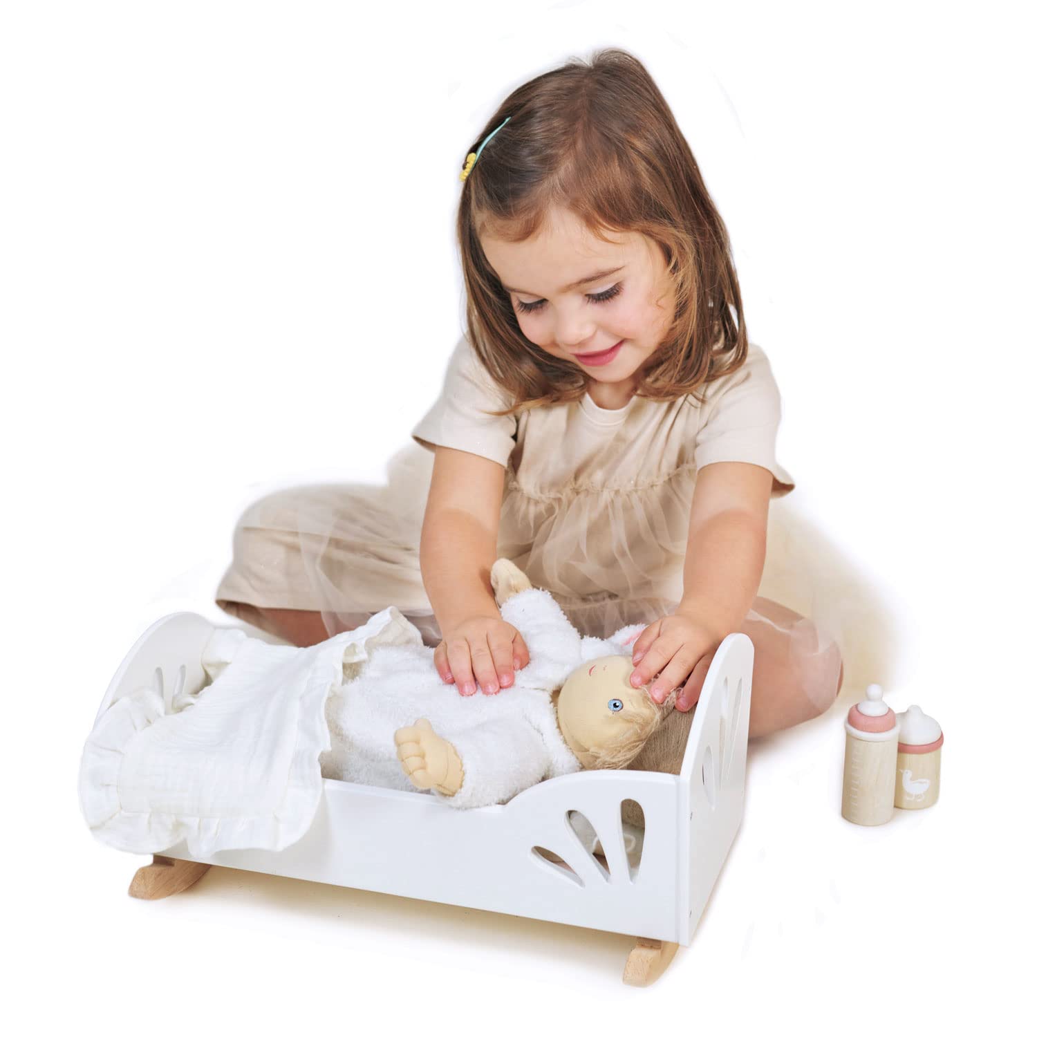 Tender Leaf Toys - Sweet Dreams Dolly Bed - Wooden Baby Doll Rocking Cradle with Bedding and Accessories - Age 18m+