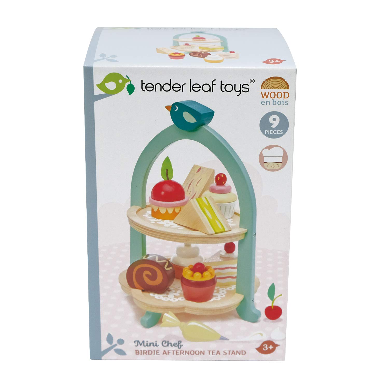 Tender Leaf Toys - Mini Chef Birdie Afternoon Tea Stand – Realistic English Sandwich, Cake and Pastry Tower for Pretend Play High - Age 3+