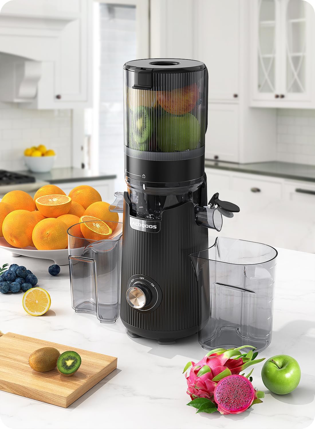 ACOQOOS Juicer Machines, 5.3" Wide Chute for Whole Fruit and Vegetable,1.8L Auto-Feed Time-Saver, Black