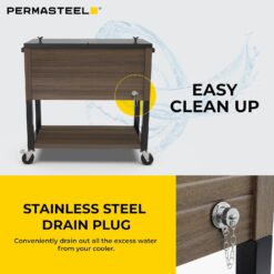 Permasteel 80-Quart Rolling Patio Cooler with Wood Grain Finish – Outdoor Beverage Cooler with Wheels, Brown