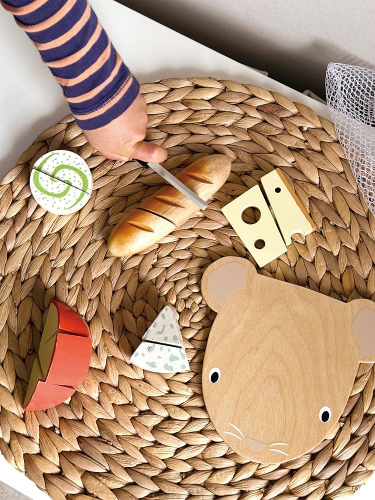 Tender Leaf Toys Cheese Chopping Board, Wooden Play Food Set with 4 Choppable Cheeses, Baguette, Wood Knife and Illustrated Board - Age 2+
