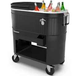 Permasteel 120-Qt Rolling Ice Chest, Portable Patio Party Bar Drink Cooler Cart with Wheels, Drink Dividers, Black
