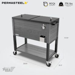 Permasteel 80-Quart Rolling Patio Cooler with Wood Grain Finish – Outdoor Beverage Cooler with Wheels, Gray