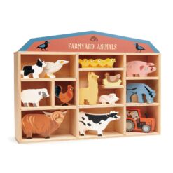 Tender Leaf Toys Farmyard Animals “ 13 Wooden Country Farm Figurines with a Display Shelf - Ages 3+ Years
