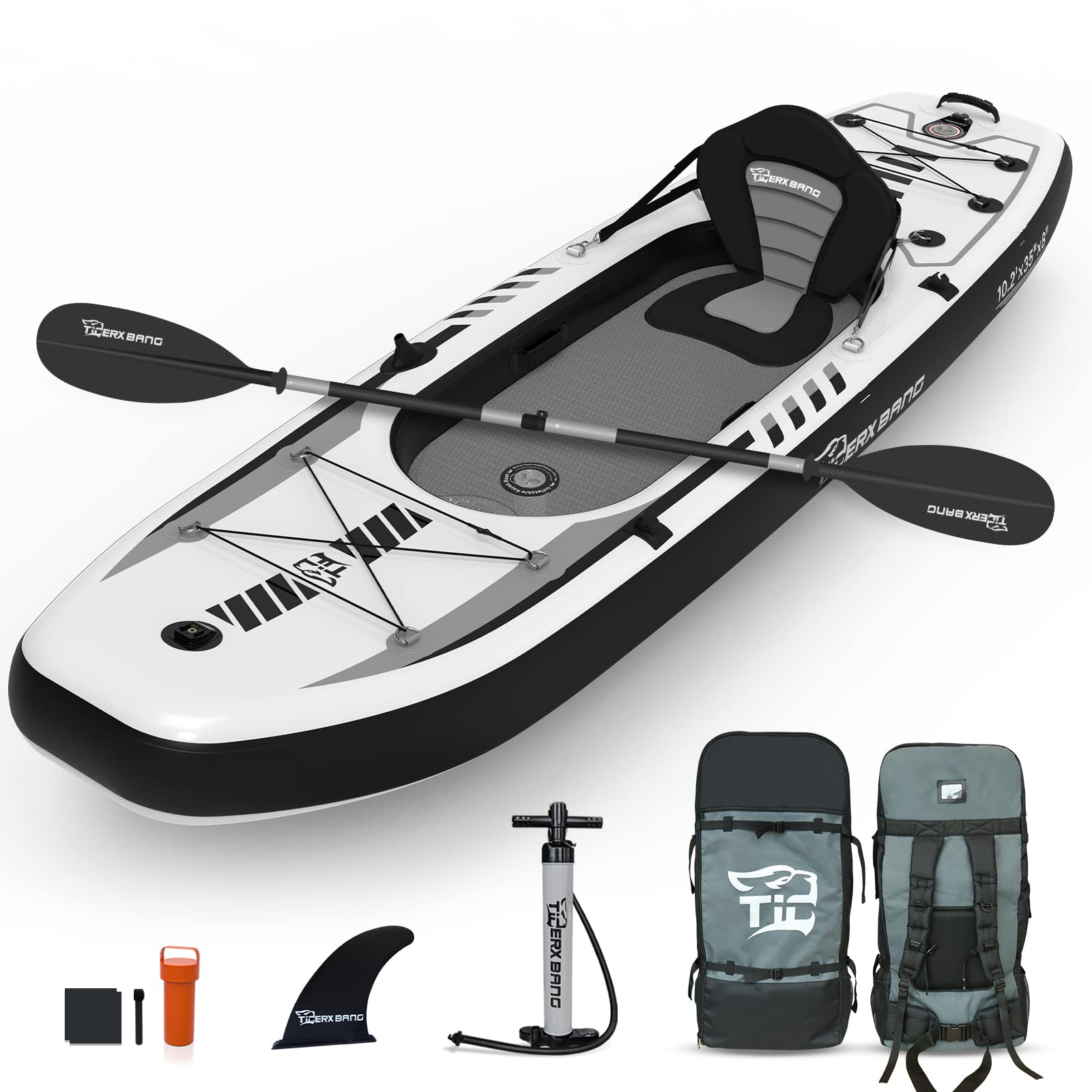TIGERXBANG 10.2'x35''x8'' Inflatable Kayak with Detachable Seat, SUP-Kayak Set Includes Hand Pump/Aluminum Oar/Backpack