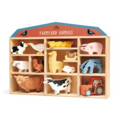 Tender Leaf Toys Farmyard Animals “ 13 Wooden Country Farm Figurines with a Display Shelf - Ages 3+ Years