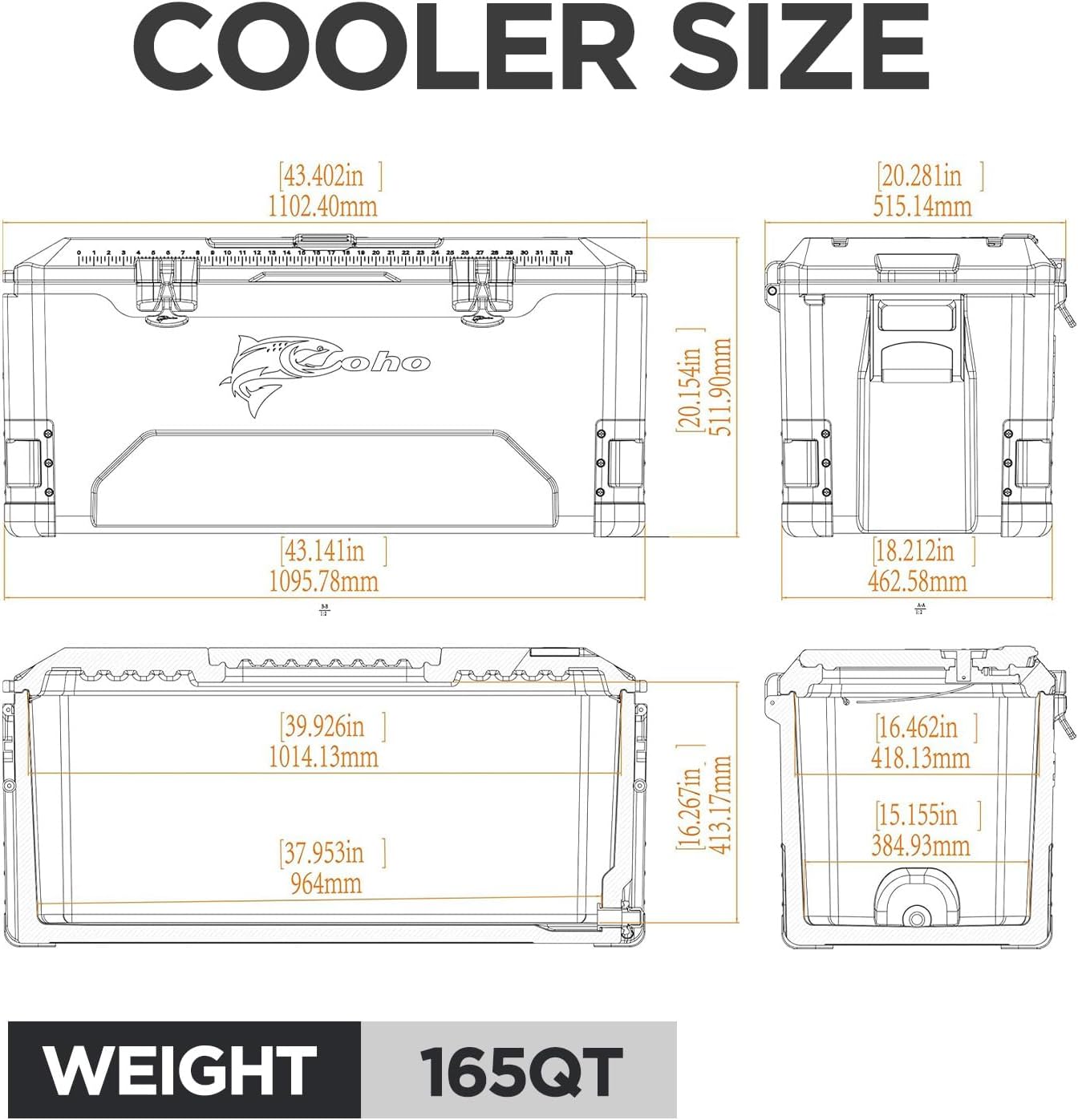 COHO 165QT Insulated Hard Cooler with Fish Ruler, Removable Cup Holders, Magnetic Disc & Tie-Down Loops