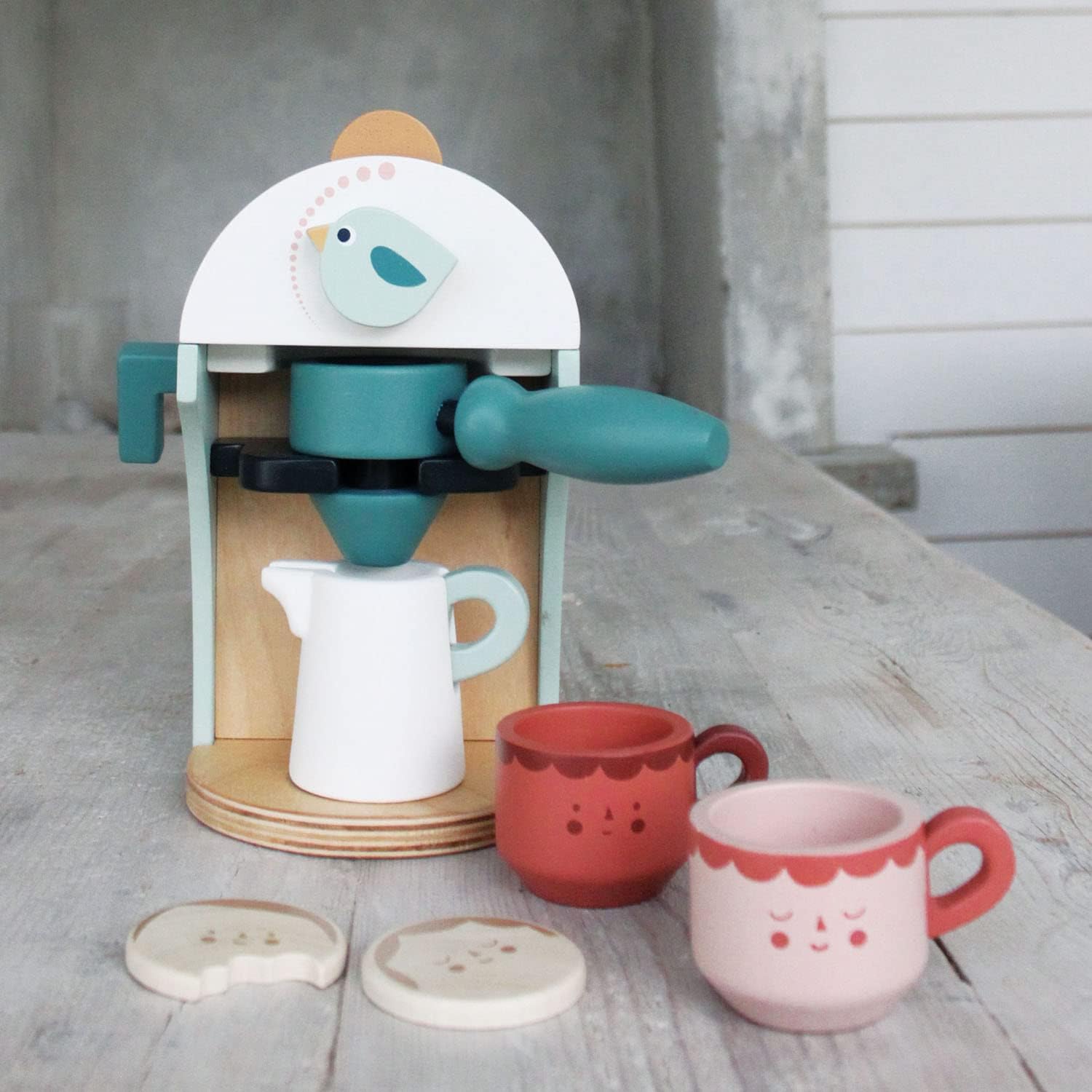 Tender Leaf Toys - Babyccino Maker - Wooden Coffee Machine Pretend Food Play Toy with Espresso Capsules and Cups - Made with Premium Materials and Craftsmanship - Age 3+