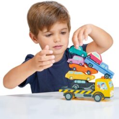 Tender Leaf Toys - Stacking Cars - 7 Wooden Stacking Toy Cars and a Wheeled Truck for Toddler Boys and Girls - Age 18m+