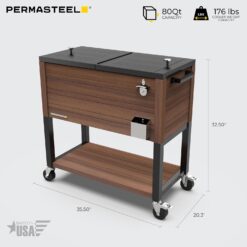 Permasteel 80-Quart Rolling Patio Cooler with Wood Grain Finish – Outdoor Beverage Cooler with Wheels, Brown