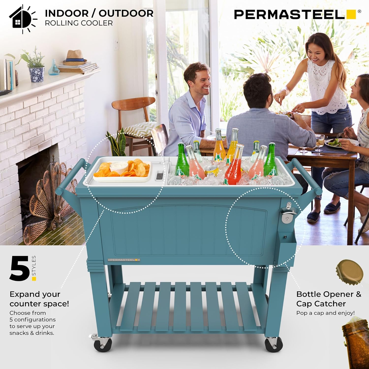 Permasteel Party Cooler with Divider, Spacious 80-Qt Capacity, Teal