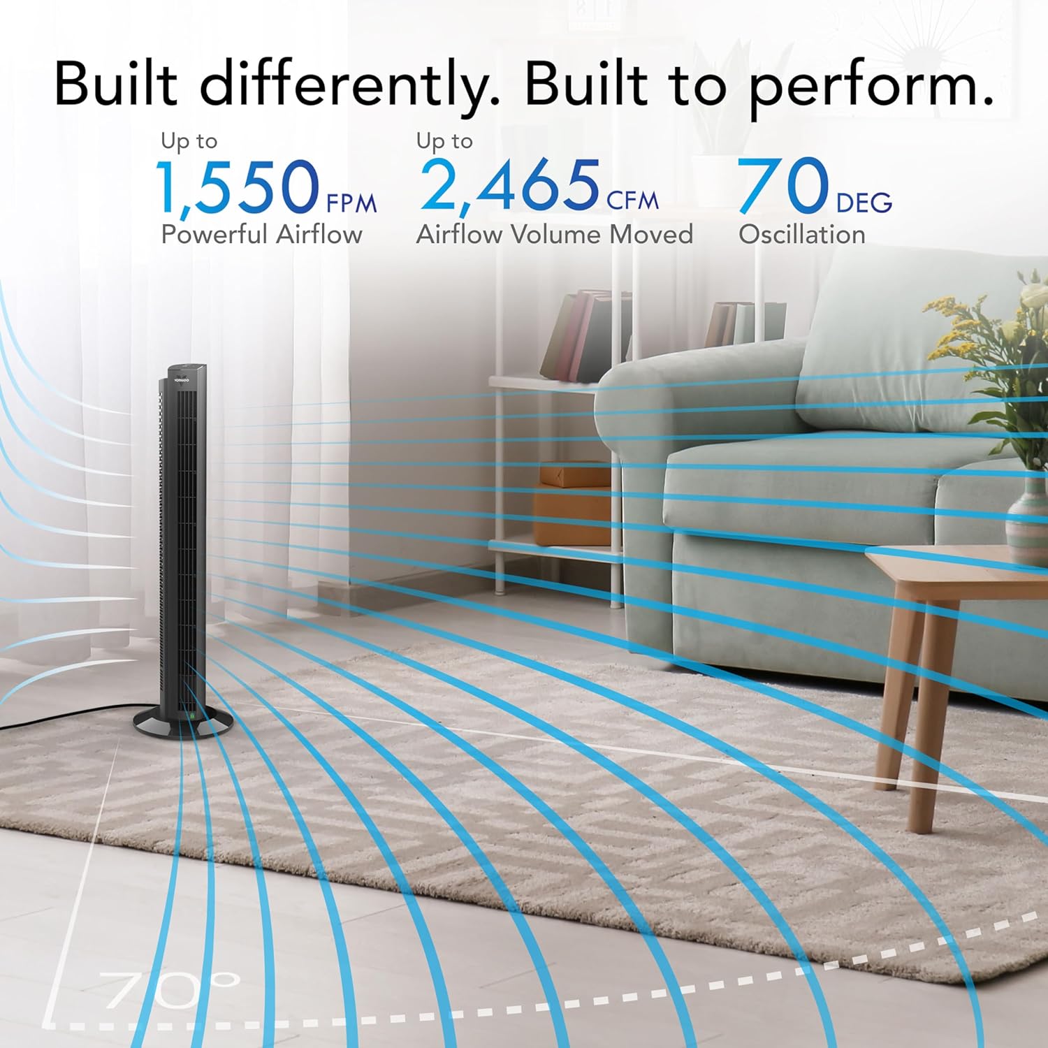 Vornado OZI42DC 42 in. Variable Fan Speeds Tower Fan in Black with 1164 ft. Per Min Air Flow
