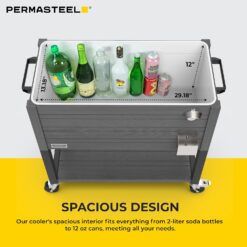 Permasteel 80-Quart Rolling Patio Cooler with Wood Grain Finish – Outdoor Beverage Cooler with Wheels, Gray
