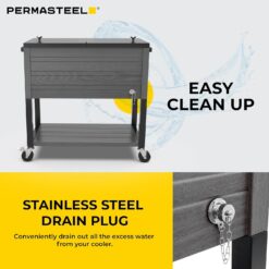 Permasteel 80-Quart Rolling Patio Cooler with Wood Grain Finish – Outdoor Beverage Cooler with Wheels, Gray