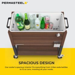 Permasteel 80-Quart Rolling Patio Cooler with Wood Grain Finish – Outdoor Beverage Cooler with Wheels, Brown